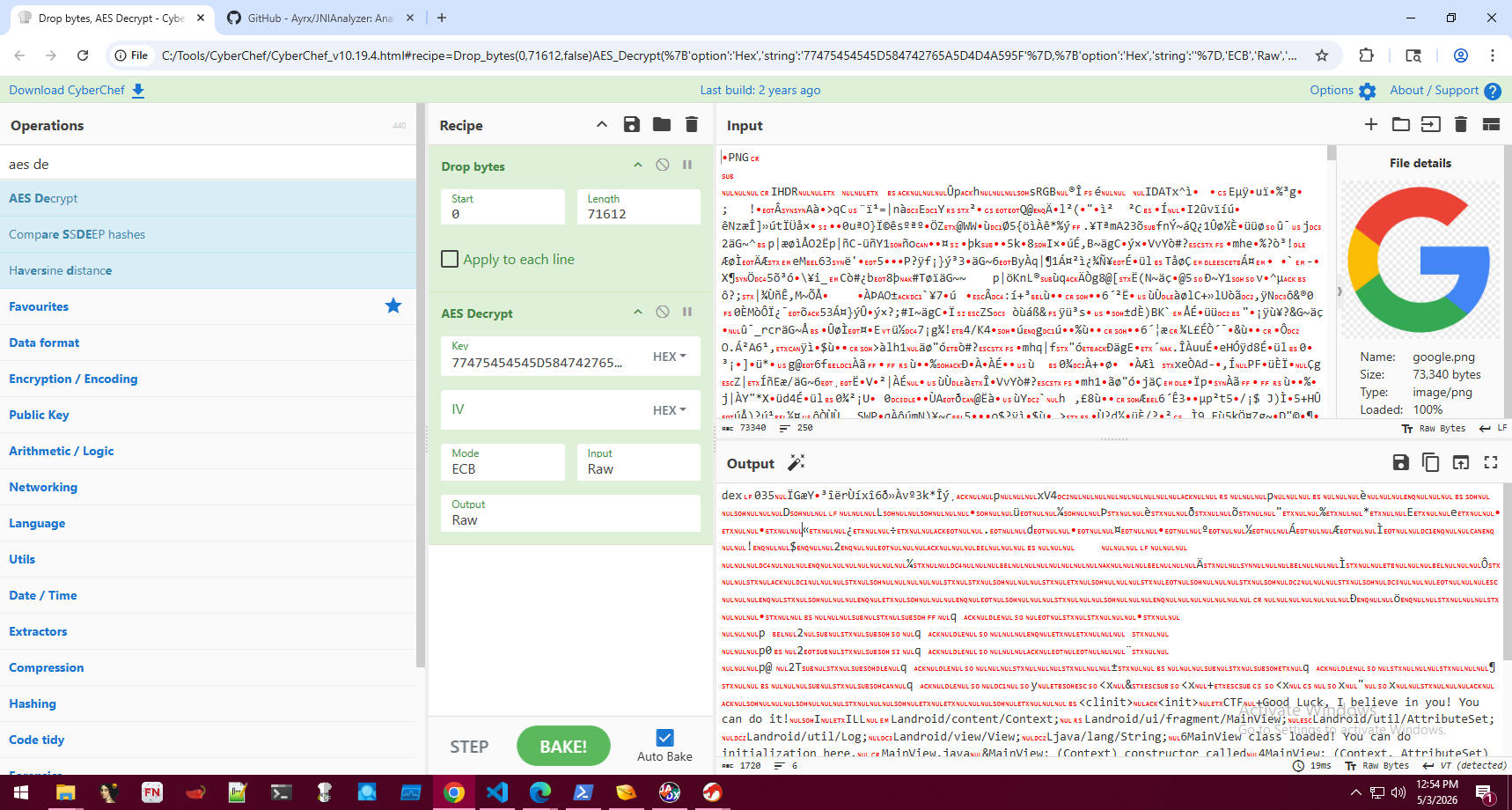 CyberChef AES decryption revealing the embedded DEX payload