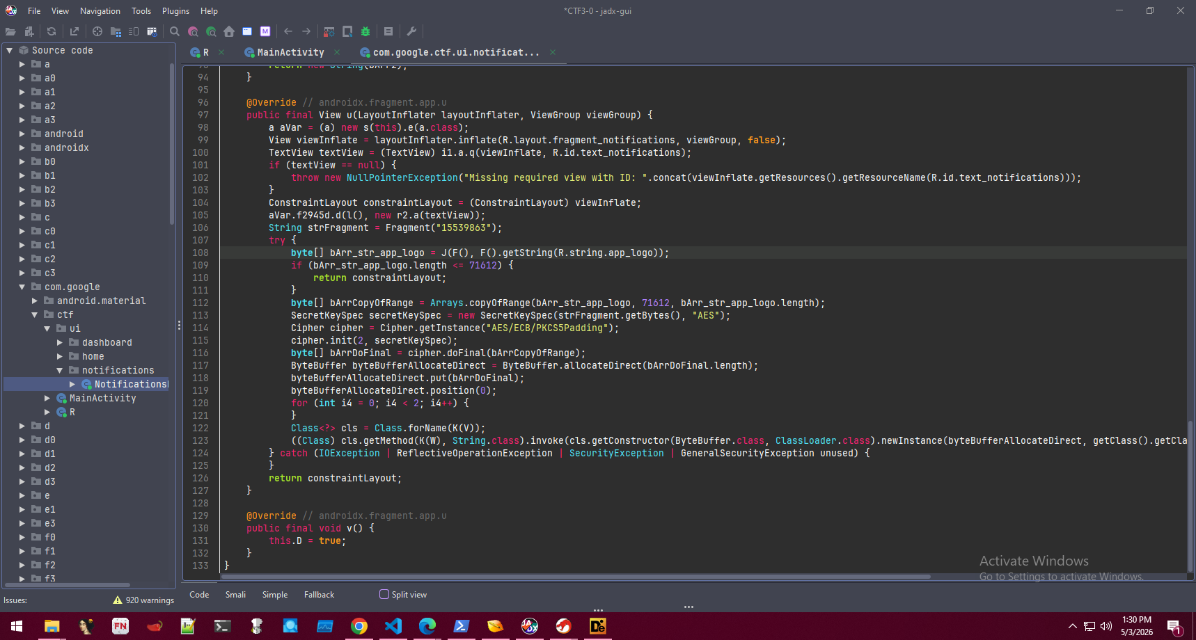 Notifications Fragment’s obfuscated class-loader setup in JADX