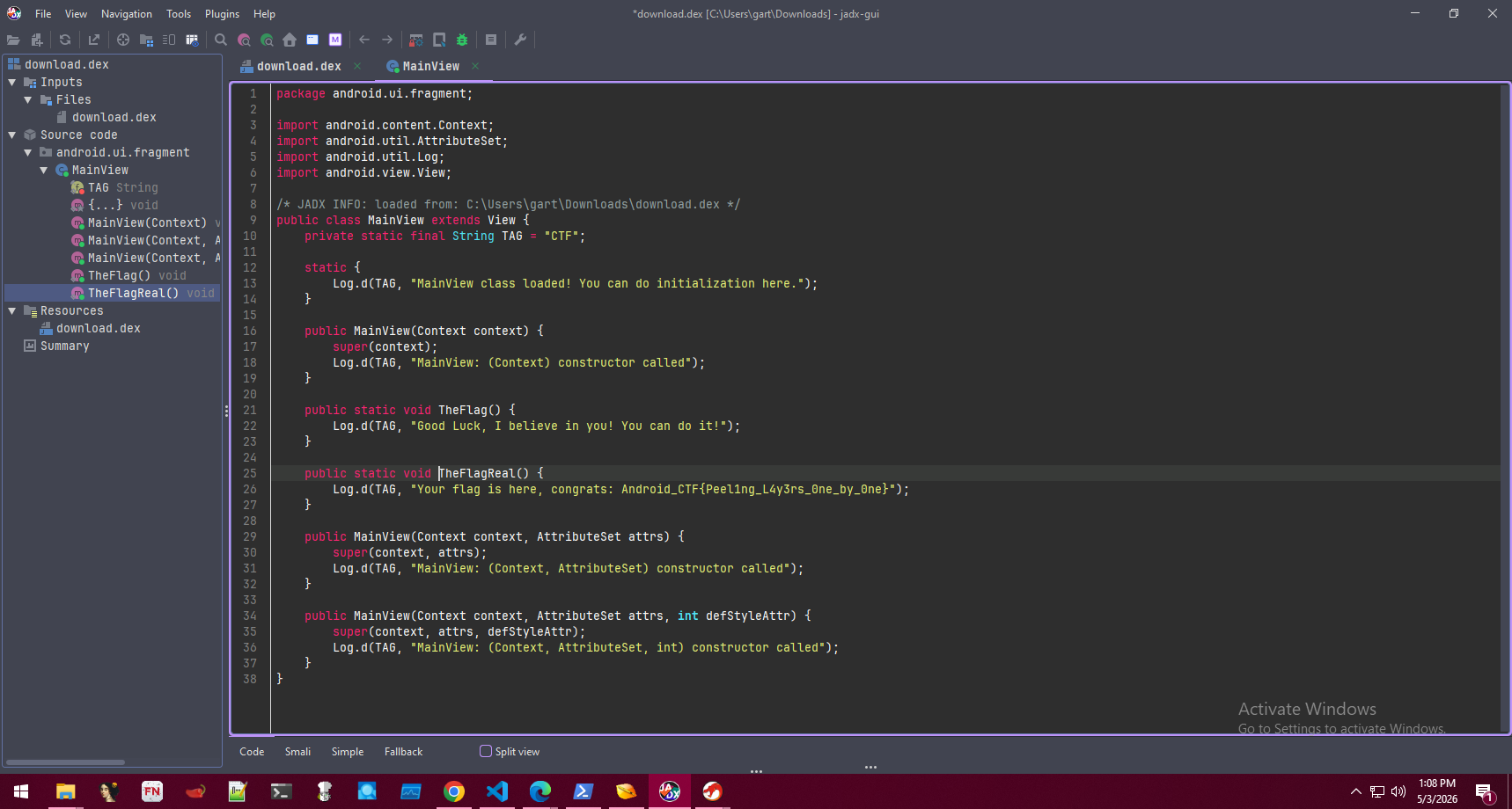 Decrypted Payload class revealing the Android CTF flag