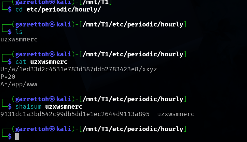 Contents and SHA-1 hash of the suspicious hourly artifact.