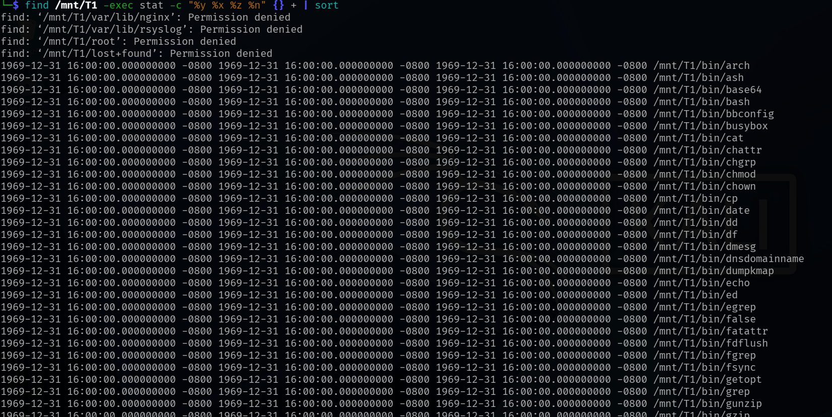 Filesystem entries showing timestamps at the Unix epoch.