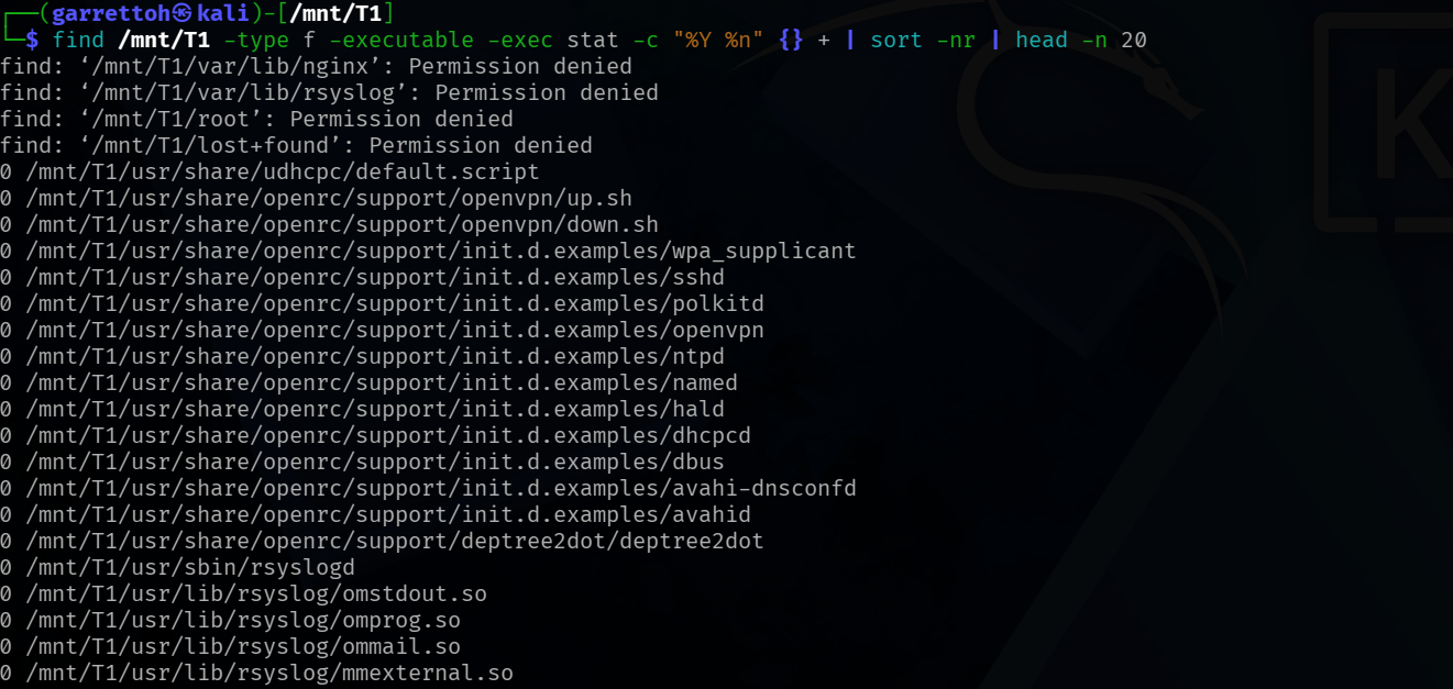 Executable files also reporting zero-valued modification timestamps.